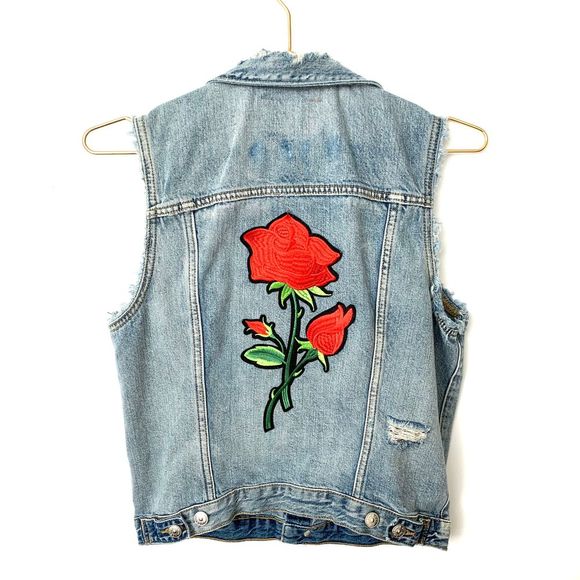 H&M Jackets & Blazers - H&M &Denim Rose Patch Distressed Denim Jean Vest